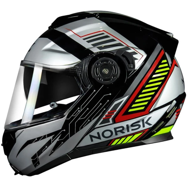 Capacete Norisk Route FF345 Charge - Articulado - Com Óculos Interno - Preto/Prata/Vermelho - Para Moto Masculino e Feminino - Unisex