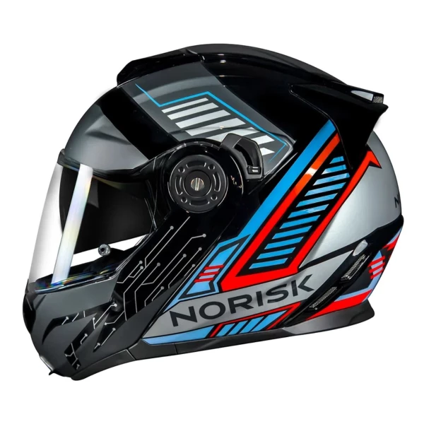 Capacete Norisk Route FF345 Charge - Articulado - Com Viseira Interna - Preto/Titanium/Azul - Para Moto Masculino e Feminino - Unisex