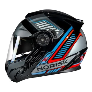 Capacete Norisk Route FF345 Charge - Articulado - Com Viseira Interna - Preto/Titanium/Azul - Para Moto Masculino e Feminino - Unisex